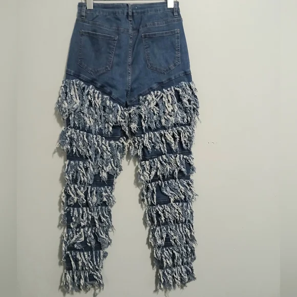 Purple Candy Blue Distressed Fringe Jeans - - Picture 2 of 3